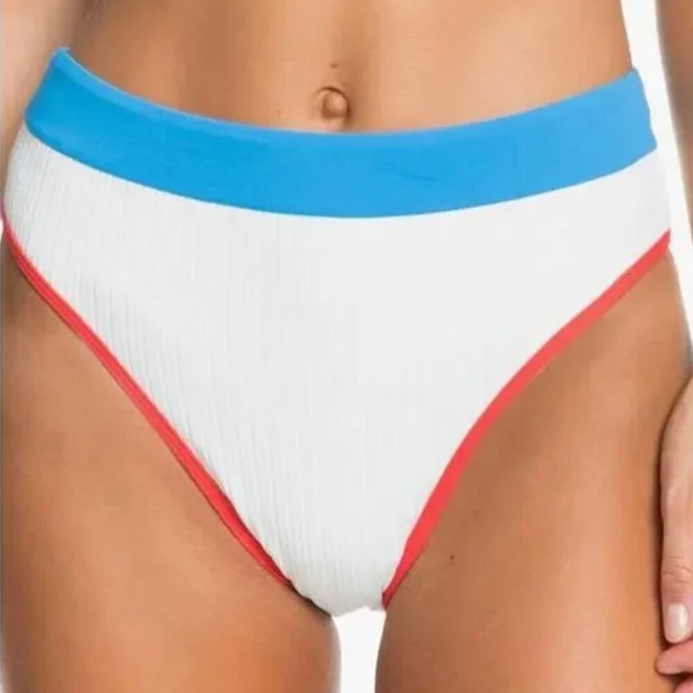 Roxy Bikini Bottom Hello July High Leg White Red Blue Trim Sz XS Beach Swim NEW